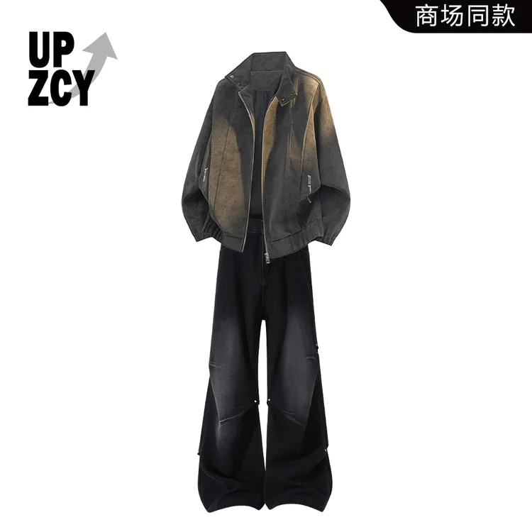 UPZCY美式潮流皮衣夹克套装男款秋冬宽松扎染痞帅上衣褶皱牛仔裤