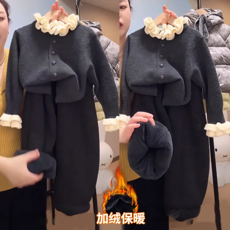 女童毛衣套装2025冬季新款童装中大童洋气针织衫加绒加厚裤两件套