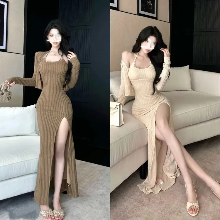 焦糖暮色 早秋新款款开衩挂脖连衣裙长裙