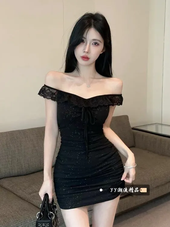 烫金纯欲性感蕾丝一字肩挂脖连衣裙辣妹修身显瘦包臀裙