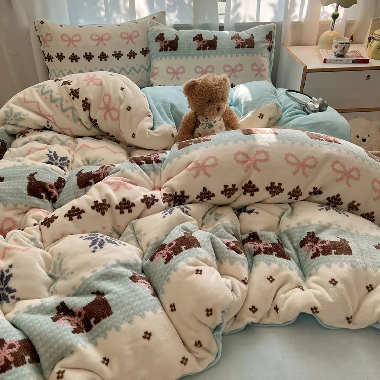 混搭枕套ins小清新牛奶绒母婴级高克重卡通四件套学生套件宿舍