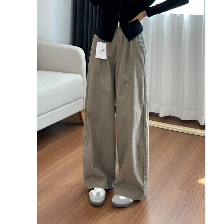 秋季美式复古卡其色直筒休闲工装裤大码女装微胖mm显瘦阔腿弯刀裤