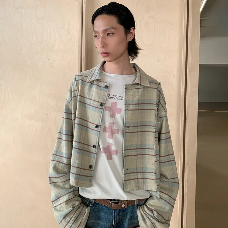POH LONG SHIRT 错位须边 箱型廓形 层次叠穿 法窗格长袖衬衫