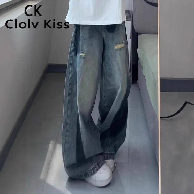 Clolv&Kiss小CK美式复古涂鸦脏染破洞牛仔裤男宽松直筒潮牌痞帅阔