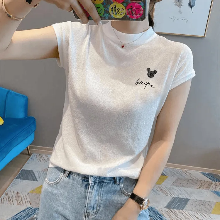 欧货品质薄款冰丝针织白色短袖t恤女修身显瘦时尚洋气小衫打底衫