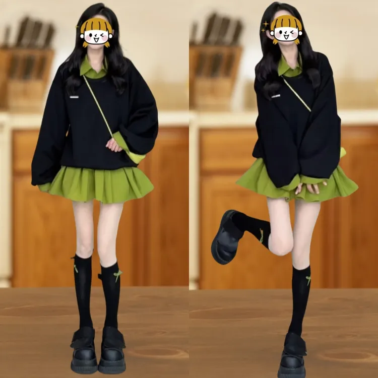 2025年春季新款时尚韩版小个子卫衣裙女设计感假两件撞色拼接裙子