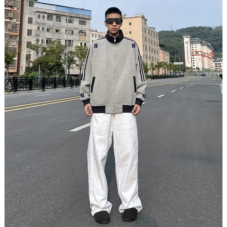美式街头字母印花立领三条杠卫衣男秋季潮牌百搭宽松撞色开衫外套