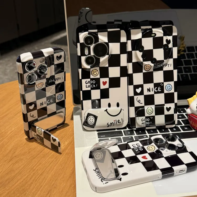奥菲顿黑白格微笑支架适用苹果16菲林手机壳华为P70vivoppo小米15