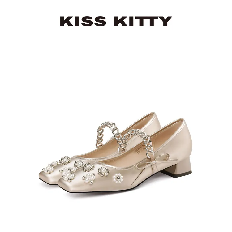 KISSKITTY绝美香槟色一脚蹬女鞋秋季透气浅口玛丽珍质感立体珍珠