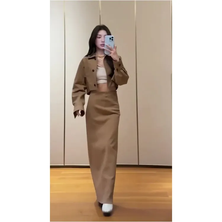 韩系休闲百搭时尚短款设计感长袖上衣高腰修身显瘦半身裙长裙套装