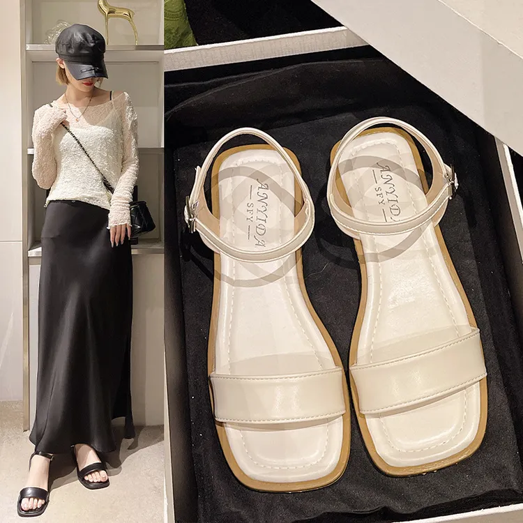 凉鞋女平底鞋2025年新款夏季配裙子舒适软底一字带露趾罗马沙滩鞋