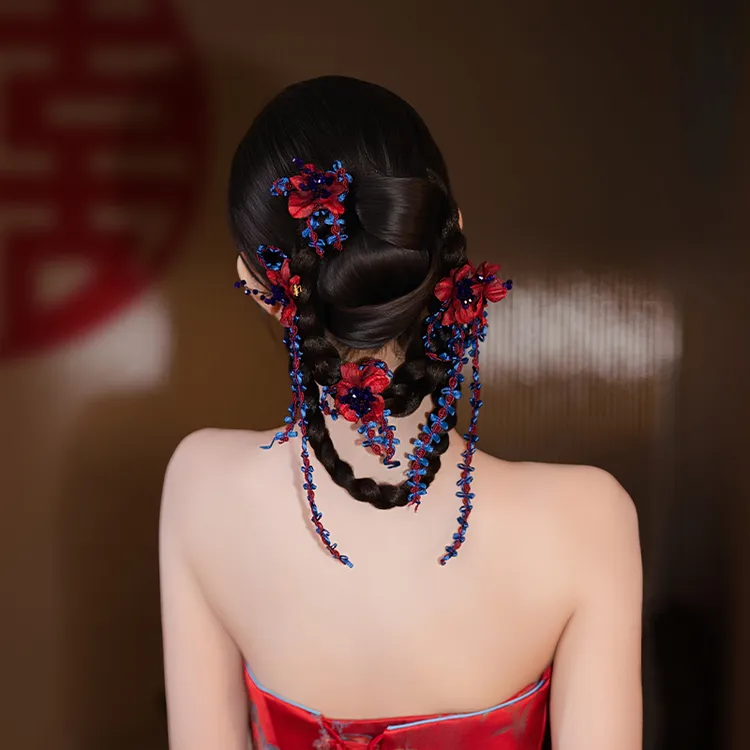 非金属布艺婚庆饰品 新娘新中式红蓝撞色订婚结婚敬酒服头饰D0636