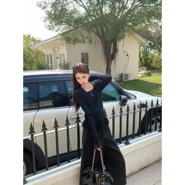 赵小小【内搭小巧思～】A-01 蕾丝拼接长袖针织打底衫秋冬蝴蝶结上衣