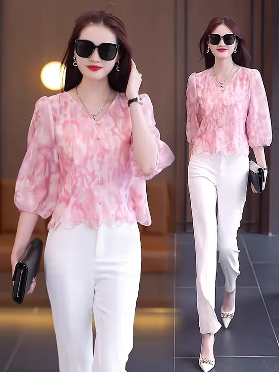 薄款成人学院风拼接碎花套头衬衫洋气上衣遮肚百搭韩版