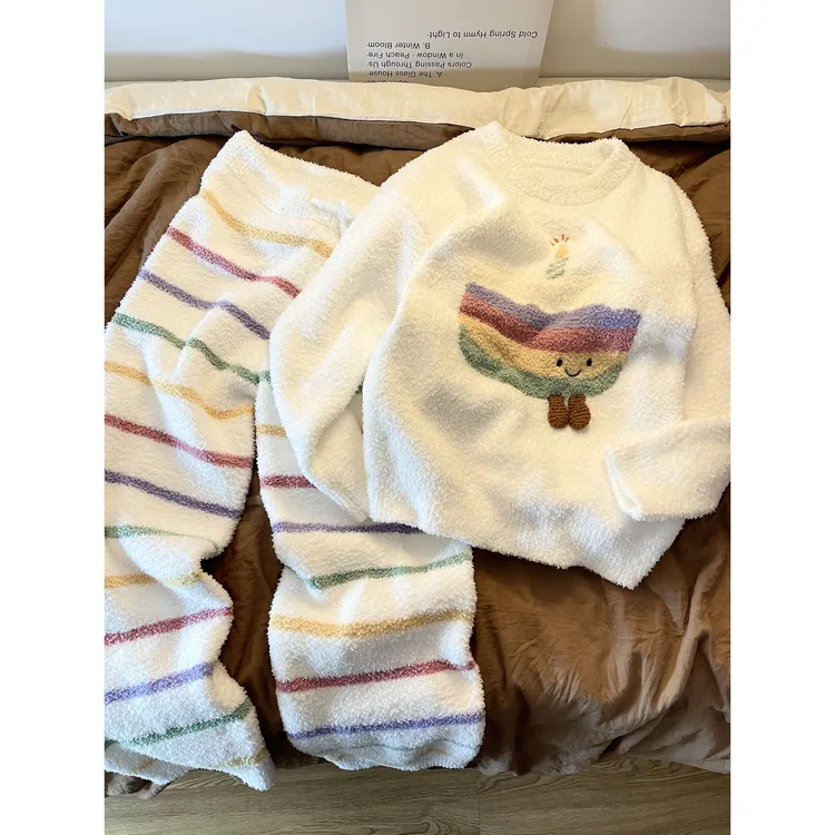 卡通软乎乎彩虹套装半边绒睡衣女款冬季可爱珊瑚绒加绒加厚家居服