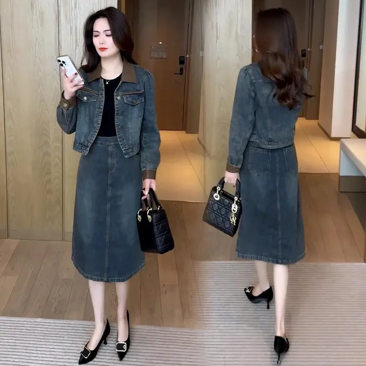 时尚连衣裙套装女2025秋季新款洋气质减龄牛仔短外套裙子两件套裙