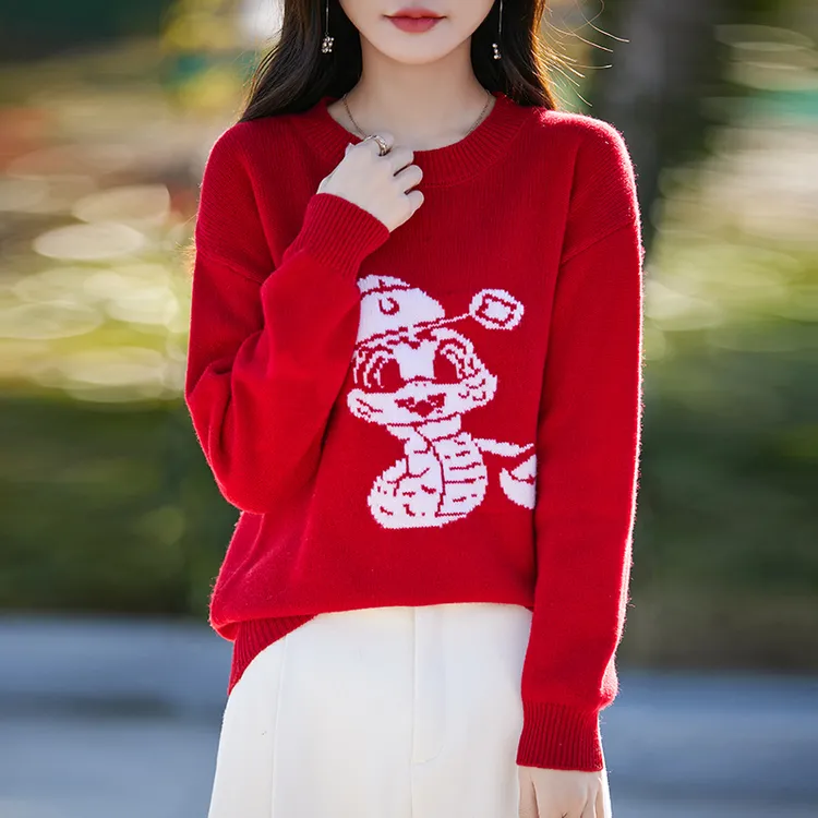 圆领上衣新年红色生肖蛇战袍毛衣宽松跨年上衣穿搭百搭羊毛打底内