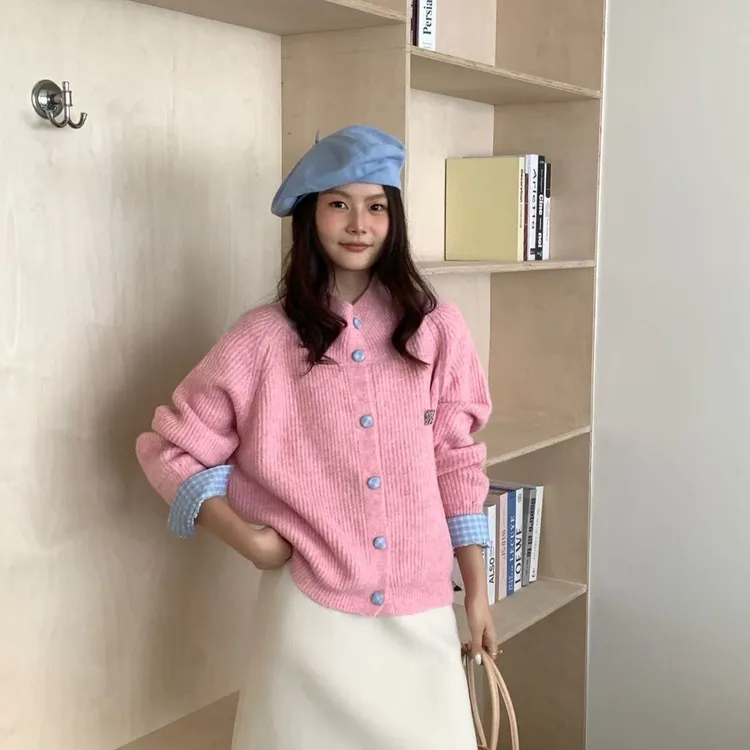 韩系秋冬穿搭灰色翻领针织开衫外套女2025新款慵懒风宽松显瘦毛衣