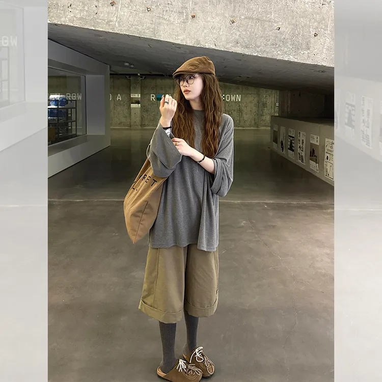 早秋季韩系ootd穿搭巨好看的一整套装女绝美长袖t恤阔腿裤两件套