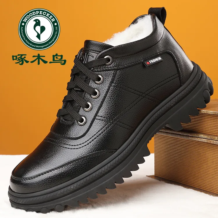 啄木鸟棉鞋男鞋冬季加绒保暖棉皮鞋男士防滑高帮户外休闲雪地靴子