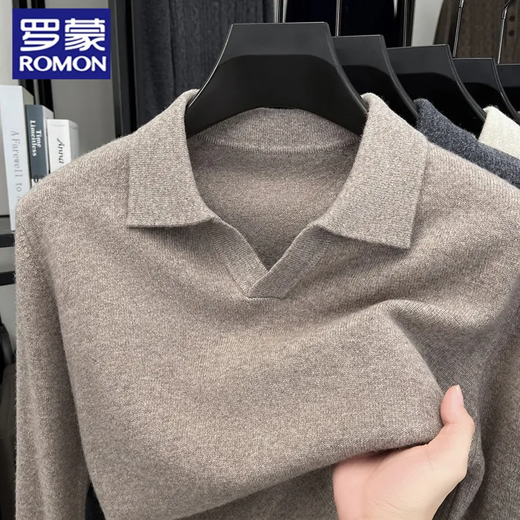 【纯羊毛】罗蒙高档男士秋冬新款海鸥领羊毛衫纯色百搭翻领保暖毛衣