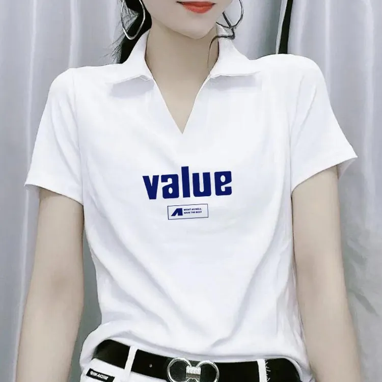 Polo领时尚衬衫女短袖2025春夏季欧货宽松V领半袖t恤白色正肩上衣