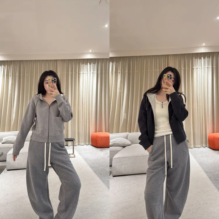 ARMS WELL王囡囡 灰色/深灰色宽松连帽拉链卫衣外套 L41