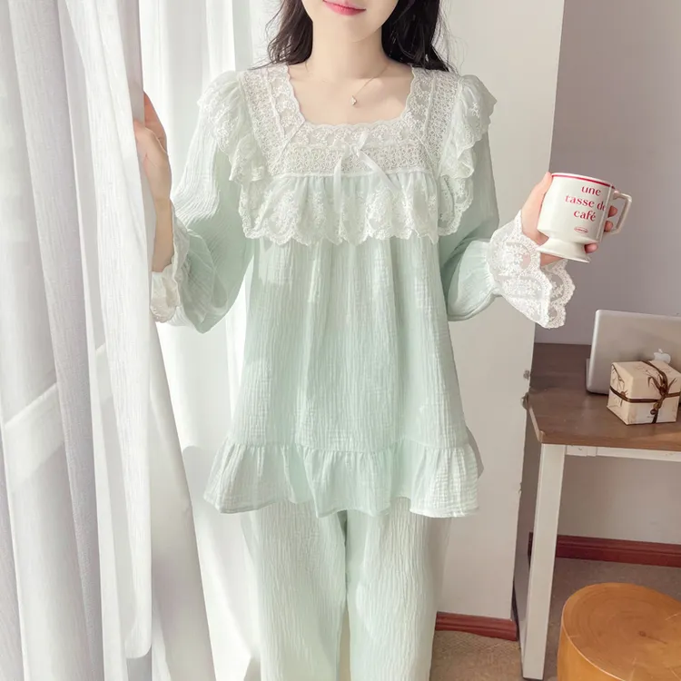 2025年公主风睡衣女春秋款棉长袖宫廷仙女可爱甜美蕾丝家居服套装