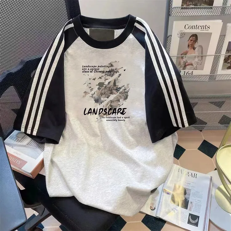 短袖三条杠拼接男士纯棉t恤夏季痞帅宽松美式个性印花半袖上衣潮