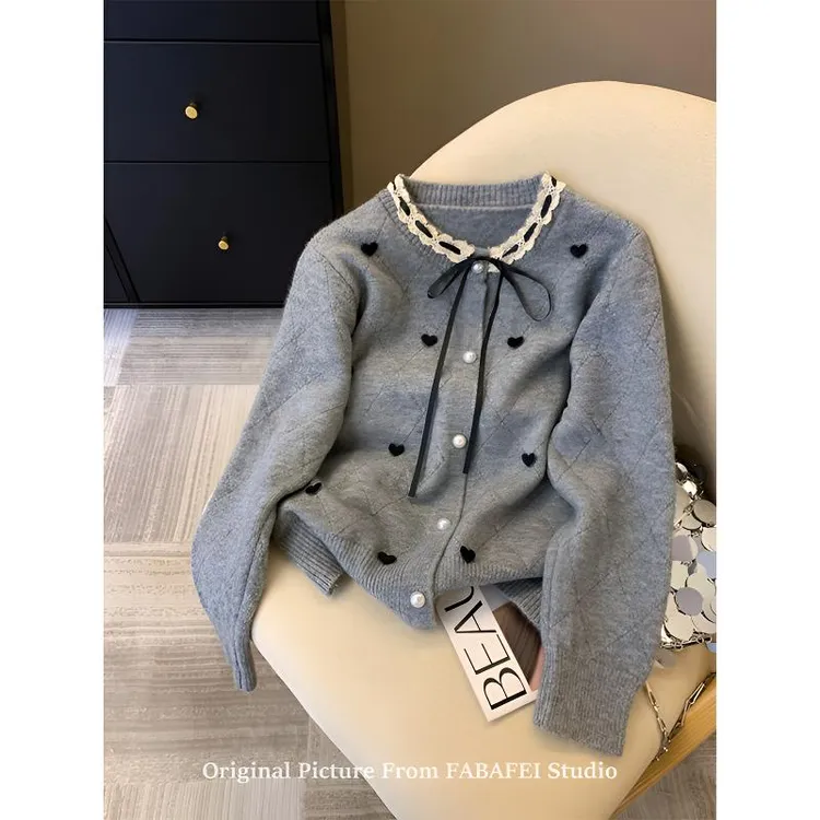 灰色蕾丝边菱格爱心毛衣女秋冬韩系系带蝴蝶结针织开衫小香风外套