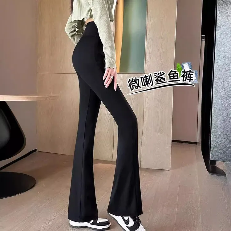 皮裤高腰喇叭裤鲨鱼2024垂感微女女打底裤长裤秋冬休闲显瘦休闲