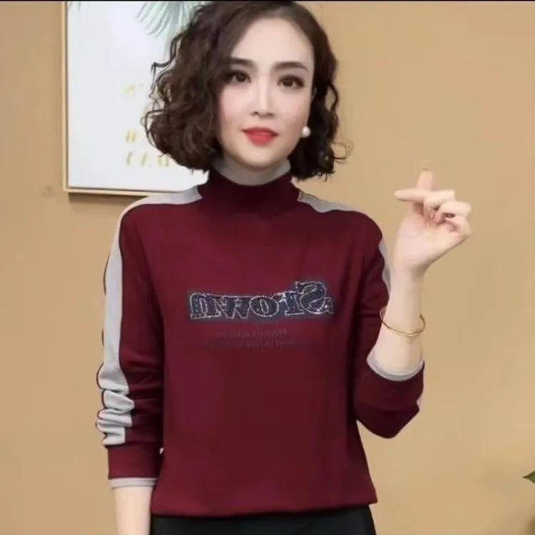半高领字母烫钻打底衫女2025秋冬新款洋气减龄百搭显瘦上衣长袖顺