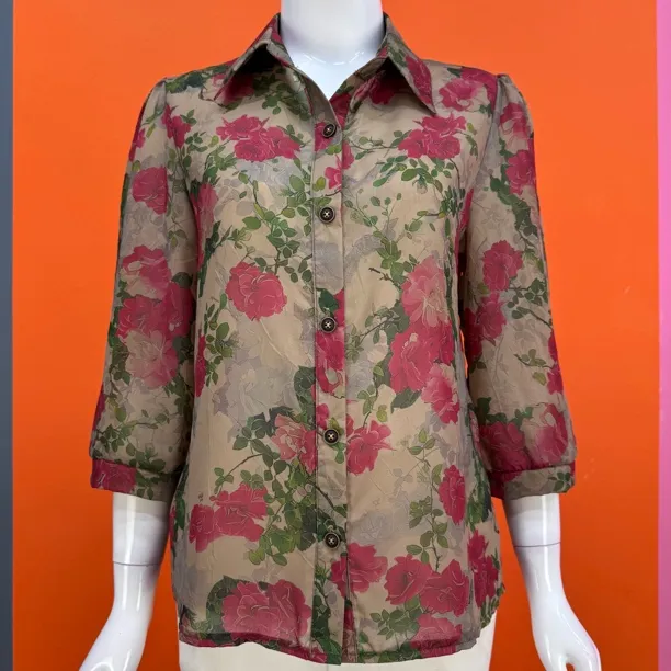 短款衬衫妈妈夏装轻薄时尚印花翻领开衫七分袖中老年女士上衣衬衣