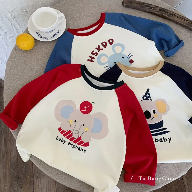 凯翔儿童t恤2025秋季新款韩版男女童卡通插肩袖套头衫宝宝打底衫