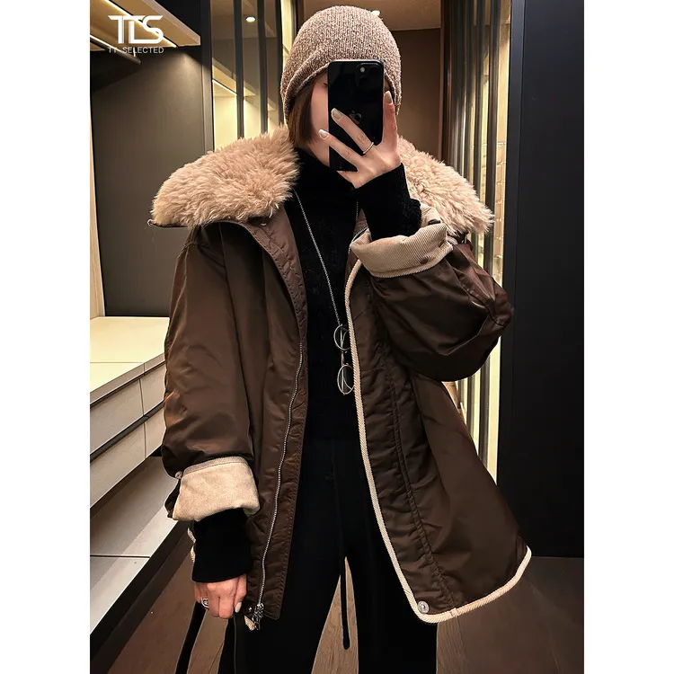 TT【大鹅】托斯卡纳羊皮毛90白鹅绒慵懒撞色中长保暖羽绒服Y5121