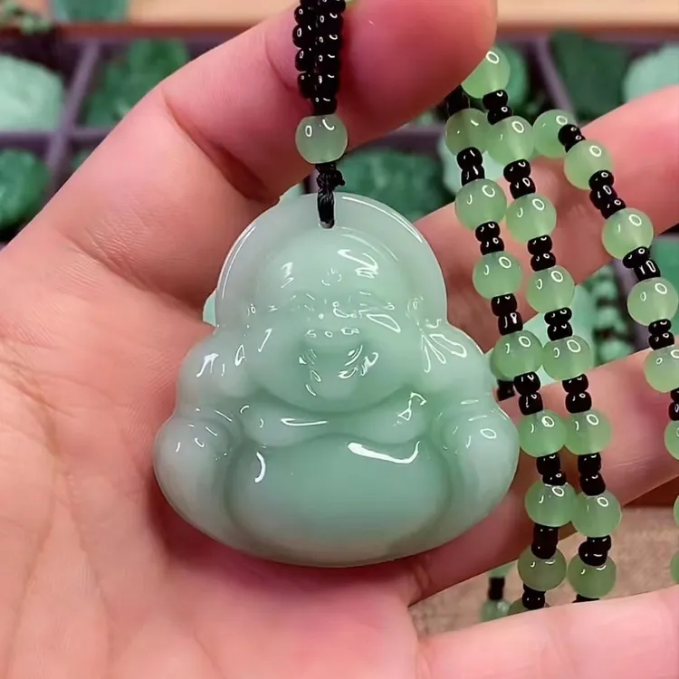  经典笑脸佛吊坠浅绿色手工霸气男款项链气质毛衣链挂坠女款国风