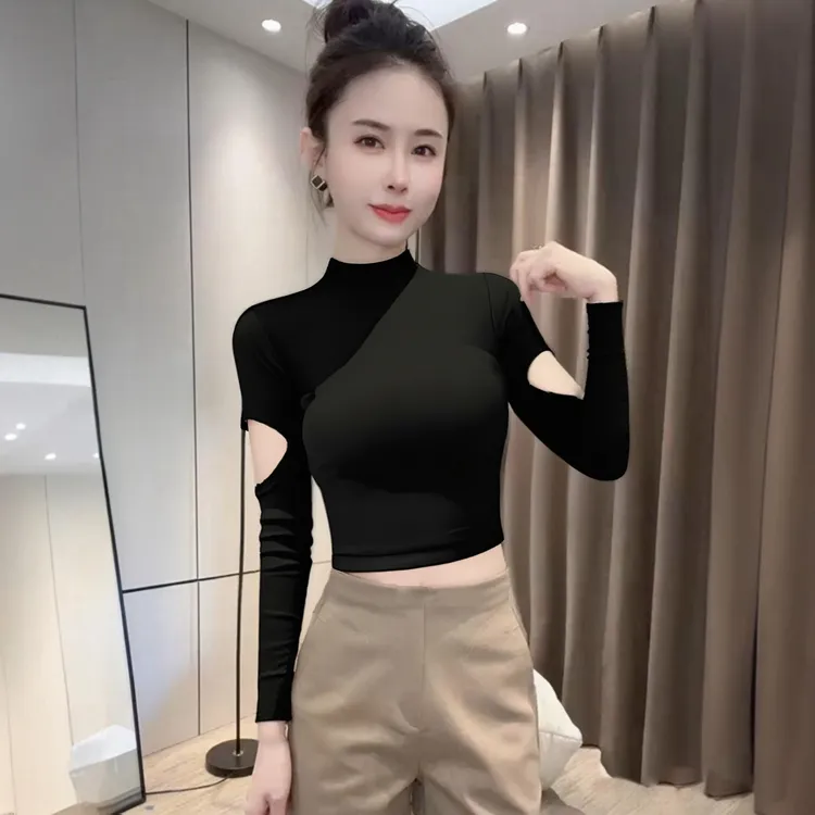 螺纹破洞短款高腰修身半高领长袖T恤女早秋冬韩版打底衫内搭上衣