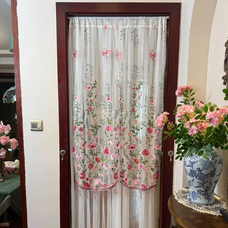 粉黛纱帘白色刺绣吊珠双层长门帘家用免打孔卧室氛围感隔断纱帘