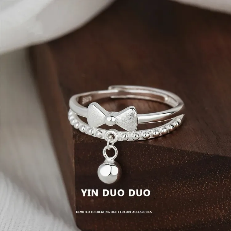 足银戒指 990纯银拉丝工艺在逃公主甜美女蝴蝶结铃铛双层戒指
