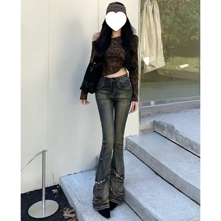 美式复古毛须边辣妹微喇牛仔裤女2025秋季新款拼接修身显瘦马蹄裤