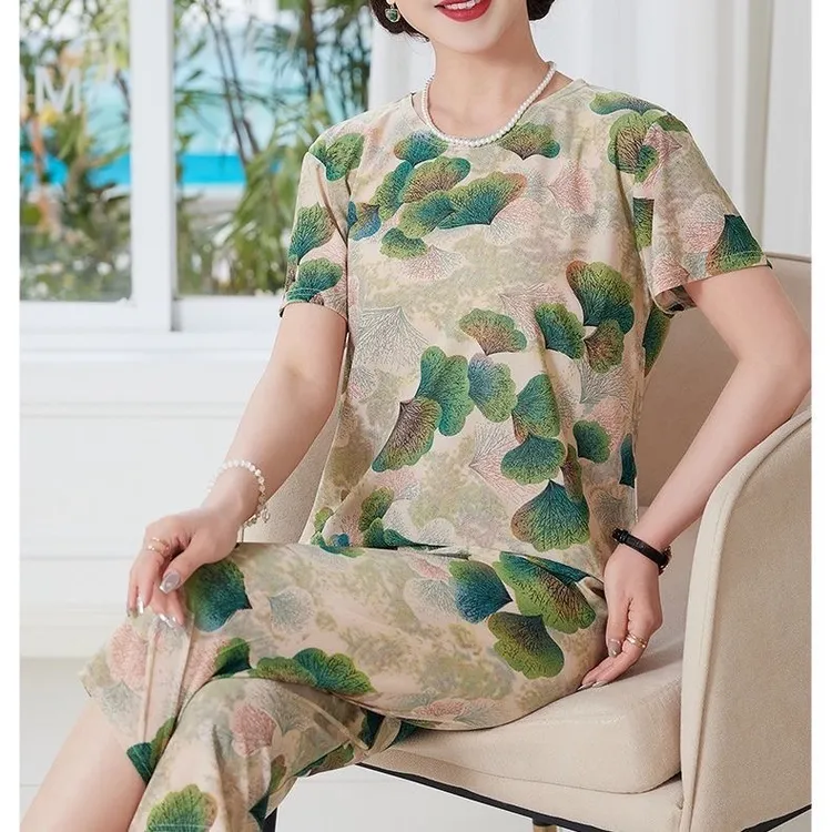 妈妈装夏季短袖两件套2025新款冰丝薄款裤套装宽松洋气遮肚子显瘦