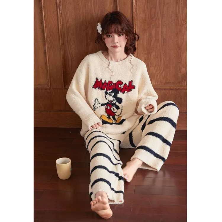 米奇睡衣女冬款半边绒加绒加厚长袖可爱新款条纹家居服套装秋季