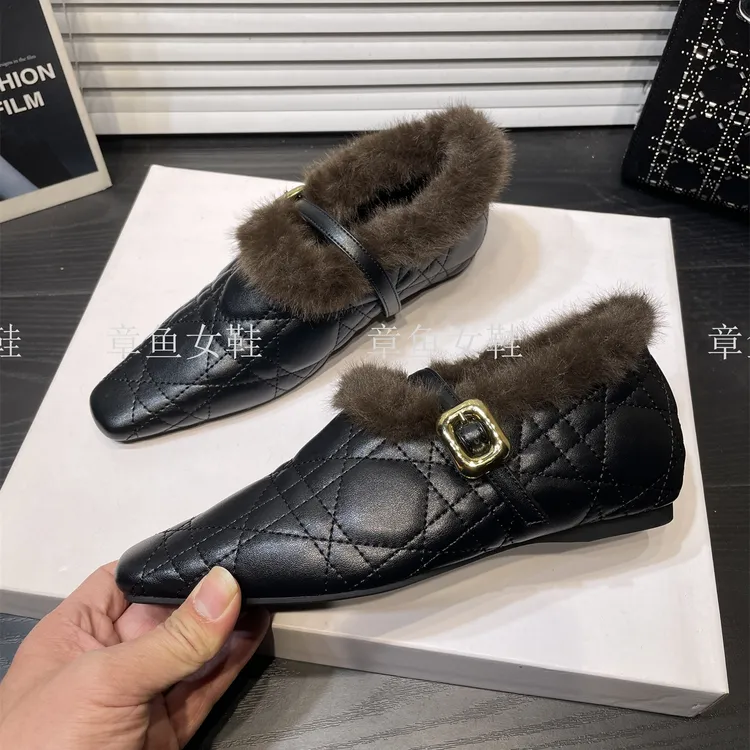 法式内增高加绒玛丽珍鞋女冬一字带保暖方头深口单鞋温柔毛毛鞋