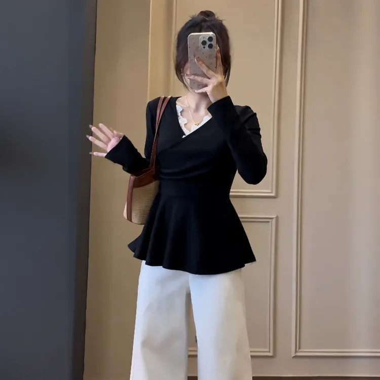 大码胖mm设计感蕾丝v领长袖t恤女秋季法式荷叶边收腰显瘦小众上衣