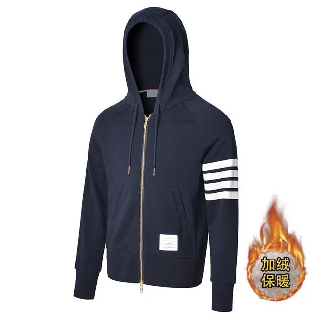 秋冬新款纯棉加绒连帽拉链卫衣休闲百搭四条杠色织毛圈外套情侣潮