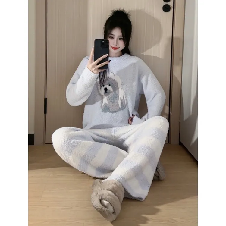 【针织小狗】卡通半边绒睡衣秋冬款女加厚条纹毛衣保暖家居服套装