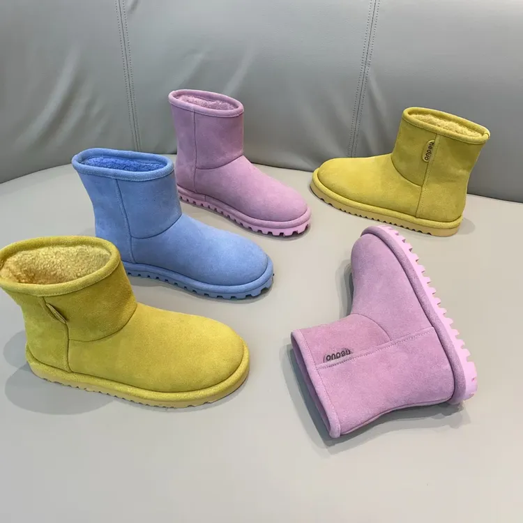 保暖时尚雪地靴欧美风加绒女鞋冬季百搭真皮加厚中筒高帮粉色