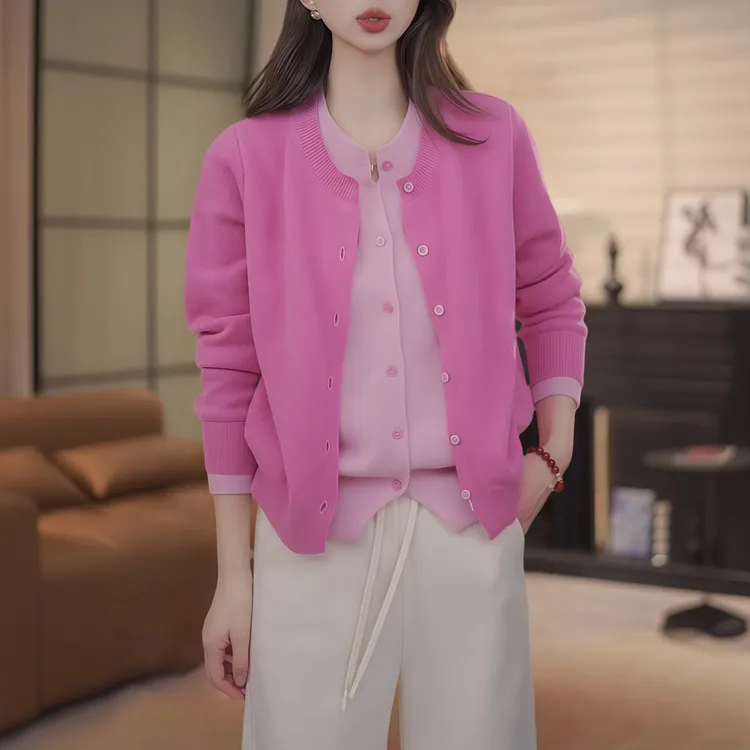 撞色粉色假两件针织衫毛衣女2025年春季新款长袖宽松休闲开衫上衣
