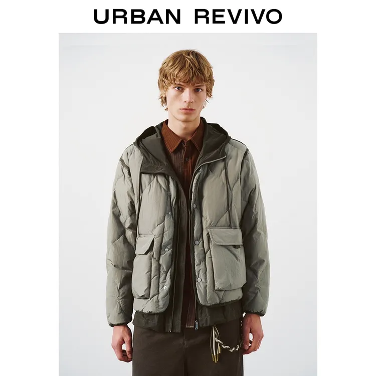 UR2025冬季新款男流光风撞色拼接连帽大口袋羽绒服UML150041