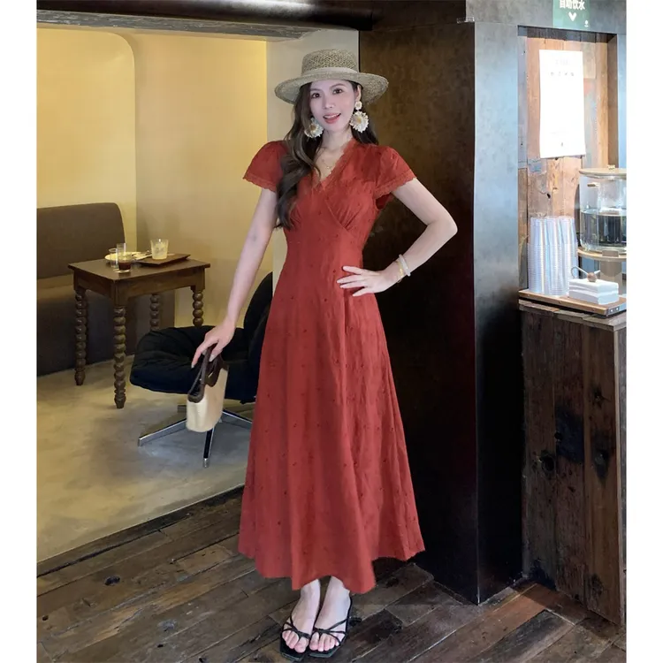 大码【蔷薇日记】夏季新款法式气质刺绣镂空蕾丝边显瘦连衣长裙